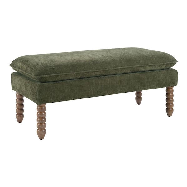 Selina Pillow Top Bench in Bottle Green Fabric With Rustic Brown Finish Spindle Legs