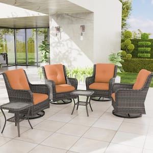 6-Piece Wicker Patio Conversation Set with All-Weather Swivel Rocking Chairs Orange Cushions