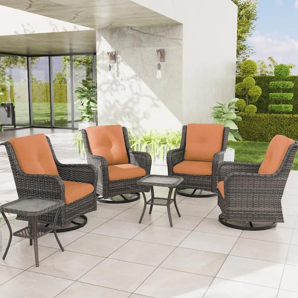 JOYSIDE 6-Piece Wicker Patio Conversation Set with All-Weather Swivel Rocking Chairs Orange Cushions