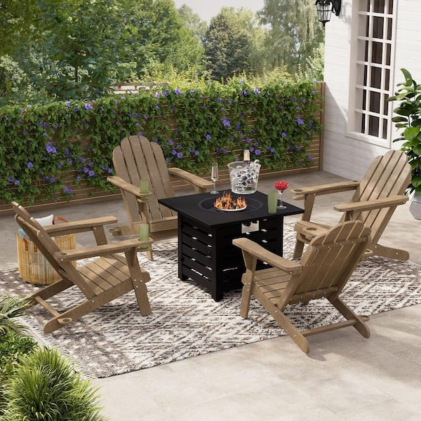 Boyel Living 5-Piece HDPE Gray Adirondack Chairs with Cup Holder and 32 in. Square Metal Patio Fire Pit Table Set