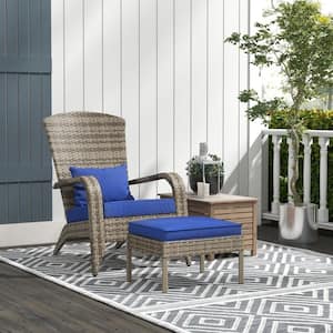Brown Wicker Adirondack Chair with Ottoman, Blue Cushions, High-Back, Large Seat, Armrests