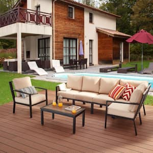 X-Back 7-Piece Metal Patio Conversation Seating Set with Beige Cushions