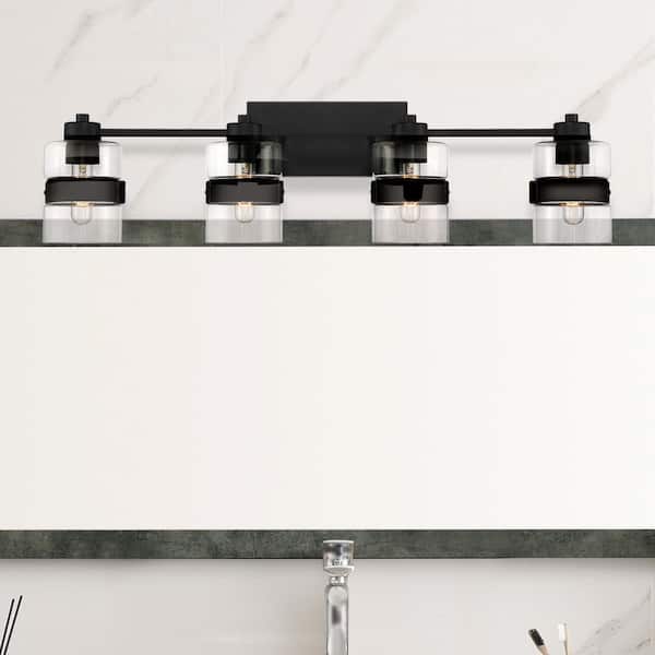 Midnight LA 33 in. 4-Light Matte Black Modern Vanity Light with Clear Glass Dual Shades
