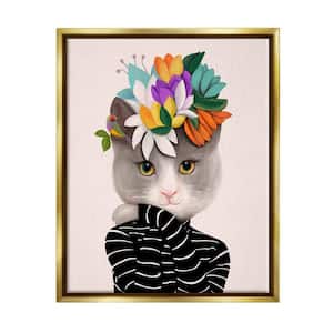 Bold Floral Design Grey Cat Striped Sweater by Ioana Horvat Floater Frame Animal Wall Art Print 31 in. x 25 in.
