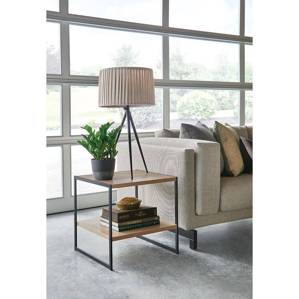 Natural Wood and Black Metal Square Side Table with Storage Shelf