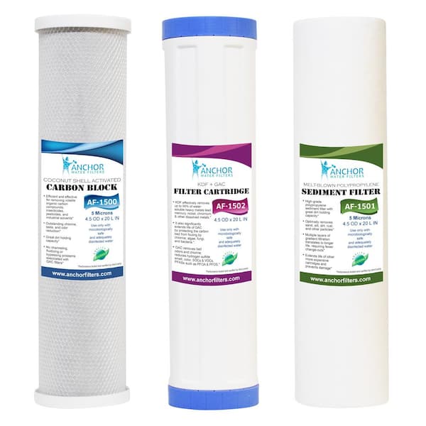 ANCHOR WATER FILTERS 3-Stage Heavy Metal Whole House Water Filter Replacement Cartridge Set of Sediment, Carbon, GAC and KDF, 4.5 x 20 in.