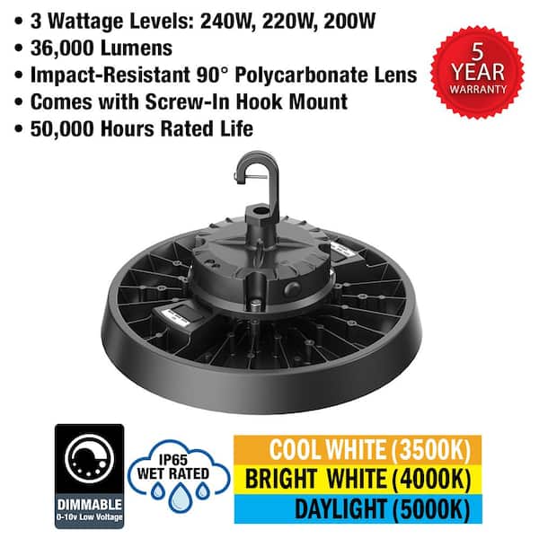 4-Pack 11 in. 400-Watt Equivalent LED Black High Bay Light 36,000LM 200W 220W 240W 3000K 4000K 5000K 120-277V Dimmable