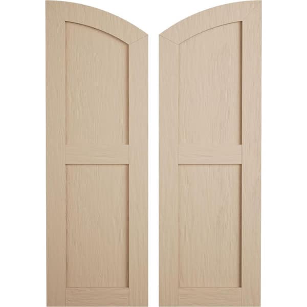 Ekena Millwork 12 in. x 40 in. Polyurethane Timberthane Rough Sawn Two Equal Flat Panel Elliptical Top Faux Wood Shutters Primed Tan