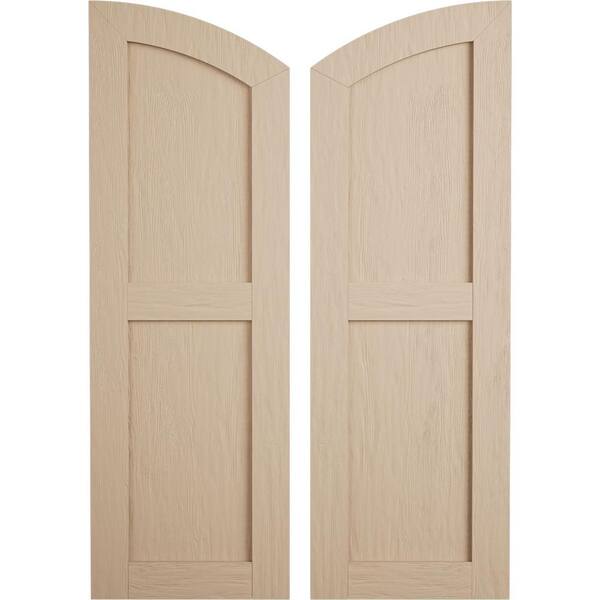 Ekena Millwork Faux Wood 18 in. x 56 in. Timberthane 2 Equal Flat Panel Elliptical Top Polyurethane Shutters Primed Tan in Rough Sawn