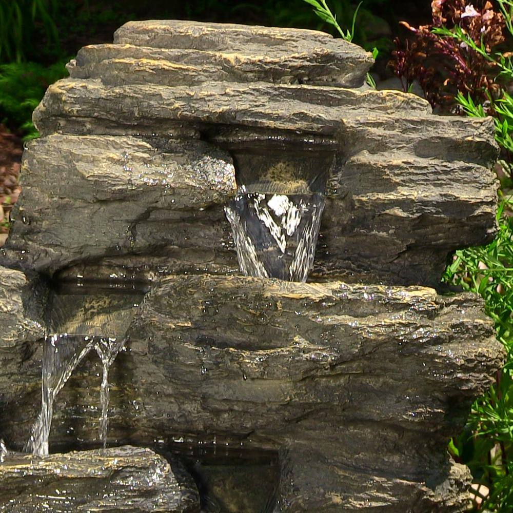 Gray Polystone Rocky Falls Outdoor Fountain with LED Lights
