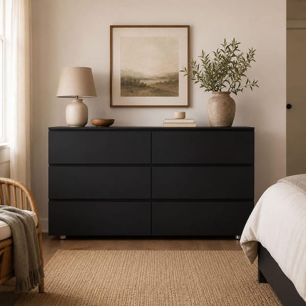 Kingdely Black 6-Drawer 59 in. W Wooden Dresser without Mirror, Chest of Drawers, Storage Sideboard L-THD-200151-03-c1