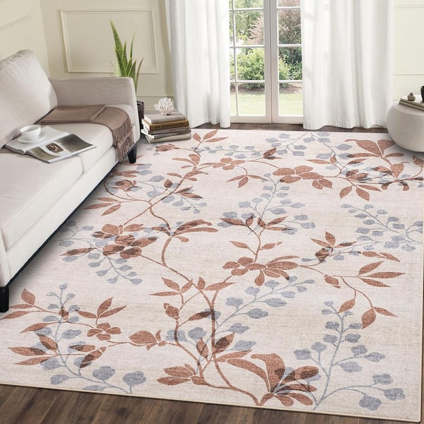 Beige 9 ft. x 12 ft. Plant Floral Rug Machine Washable Ultra-Thin Soft Foldable Polyester