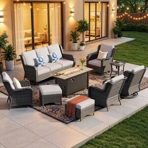 OVIOS Joyoung Brown 9-Piece Wicker Patio Rectangle Fire Pit