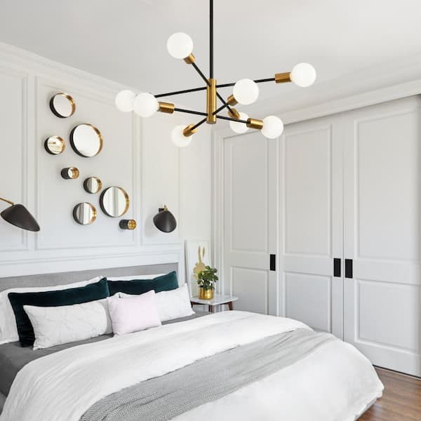 8-Light Modern Height Adjustable Sputnik Chandelier Black and Gold for Bedroom Living Room Dining Room Kitchen Foyer