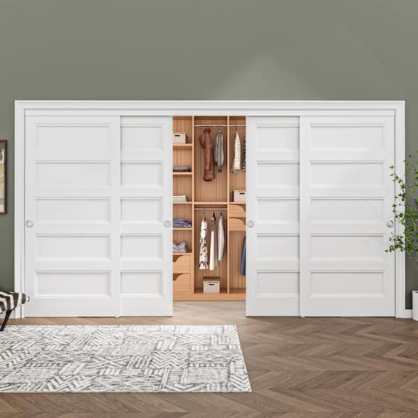 144 in. x 80 in. Paneled 5-Lite White Primed MDF Composite Sliding Door with Hardware