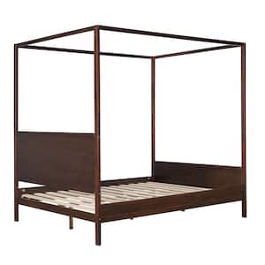 Brown Frame Queen Size Canopy Bed with Headboard and Footboard, Slat Support Leg