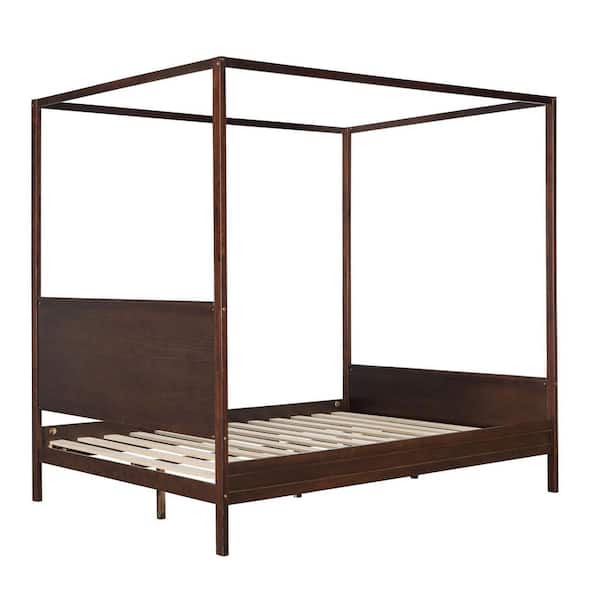 Polibi Brown Frame Queen Size Canopy Bed with Headboard and Footboard, Slat Support Leg