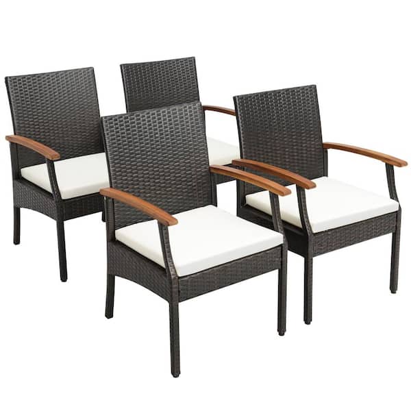 Costway 4-Piece Patio PE Wicker Outdoor Dining Chairs Acacia Wood Armrests with Soft Zippered White Cushion Balcony
