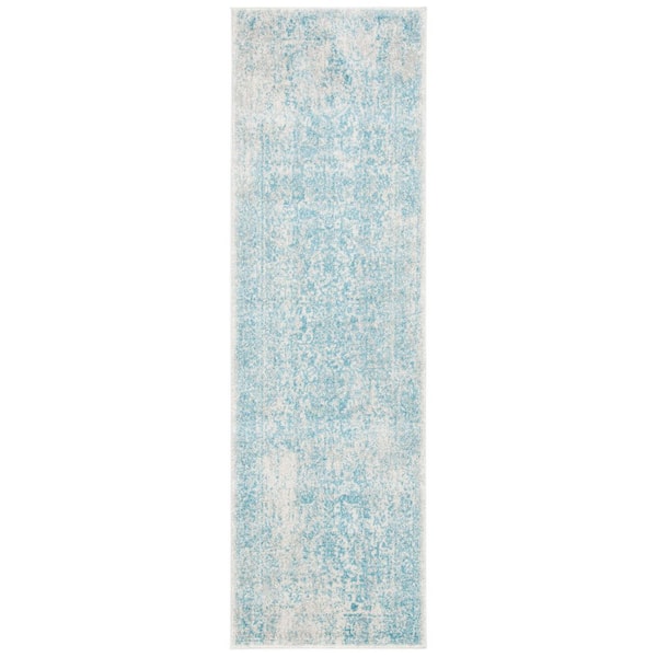 Evoke Ivory/Aqua  2 ft. x 11 ft. Distressed Border Medallion Runner Rug