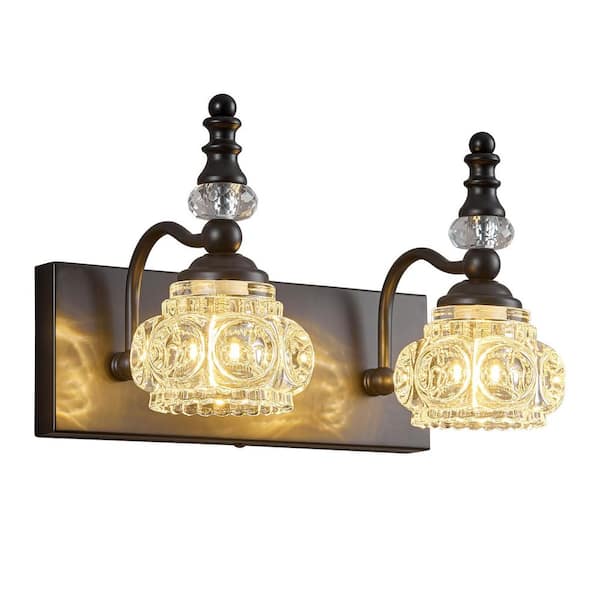 Home Lighting 7.87 in. 2 Light Polished Black Modern Glass Crystal Bathroom Vanity Light with Clear Glass Crystal Shade