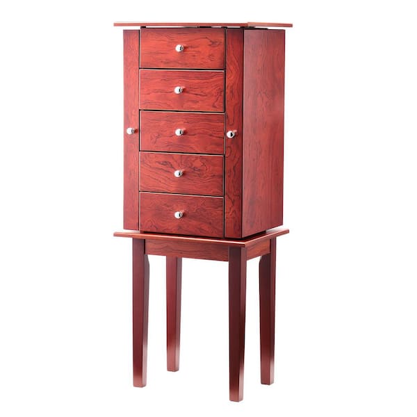 Jewelry Cabinet Armoire, Standing Wood Jewelry Storage Chest w/ 4 Spacious Drawers, 2 Side Doors with 16 Necklace Hooks