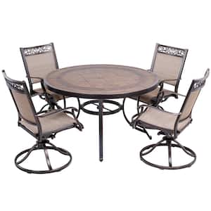 5-Piece Outdoor Cast Aluminum Dining Set Patio Furniture with Swivel Rocker Chair and 48 in. Round Mosaic Tile Top Table