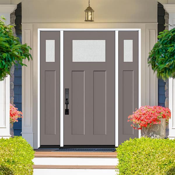 Legacy 64 in. x 80 in. 1/4 Toplite Rain Glass LHOS Primed Kindling Finish Fiberglass Prehung Front Door w/Dbl 12 in. SL