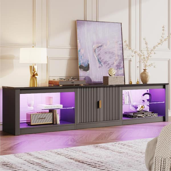 80 in. Fluted Glossy Black TV Stand Fits TV Up to 85 in. LED Entertainment Center with Cabinet & Adjustable Shelf