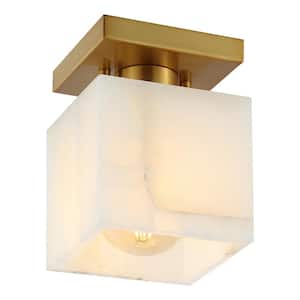 Alessia 5 in. 1-Light Modern Contemporary Alabaster/Iron Cube LED Semi Flush Mount, White Marbling/Brass Gold