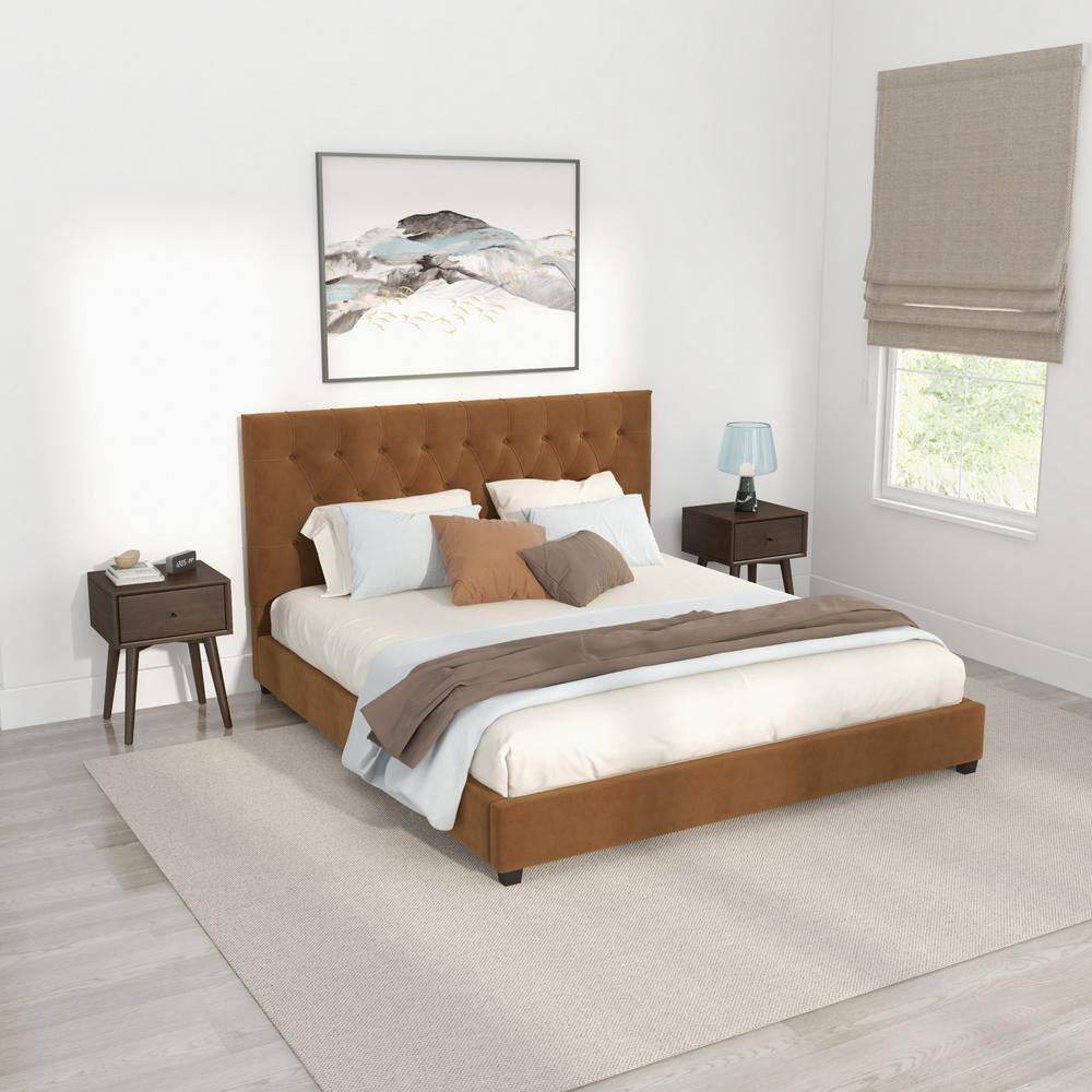 Elda Cognac Velvet Tufted Upholstered King Platform Bed