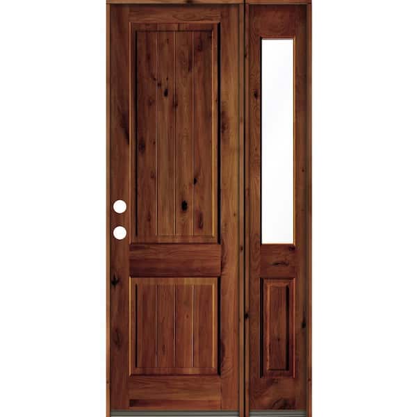 Krosswood Doors 44 in. x 96 in. Knotty Alder Square Top Right-Hand/Inswing Clear Glass Red Chestnut Stain Wood Prehung Front Door w/RHSL