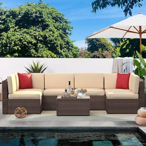 7-Piece Brown Wicker Outdoor Sectional Set with Patio Fire Pit Beige Cushions and Coffee Table