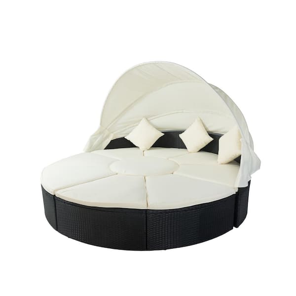 maocao hoom Black Wicker Outdoor Chaise Lounge with Beige Cushions