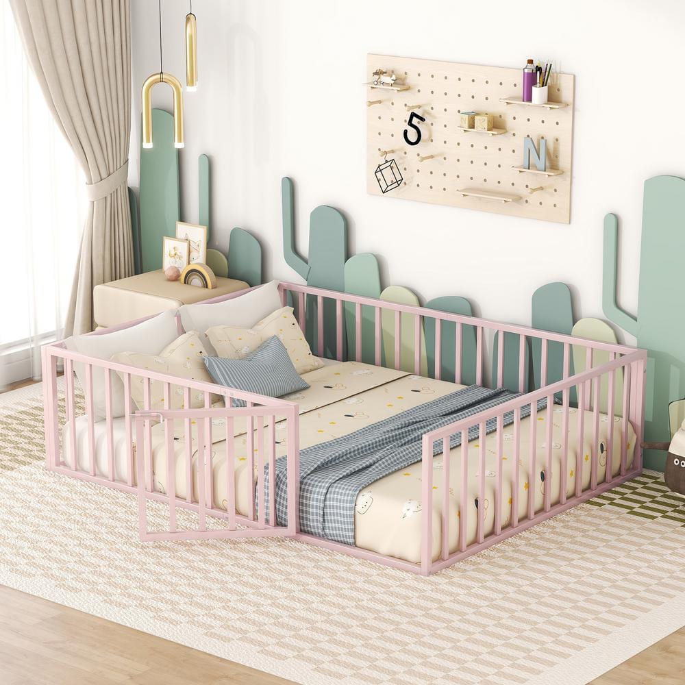 Pink Metal Frame Queen Size Floor Platform Bed with Full-Length Fence Guardrails and Door, No Slats -  Harper & Bright Designs, NT013AAH-Q