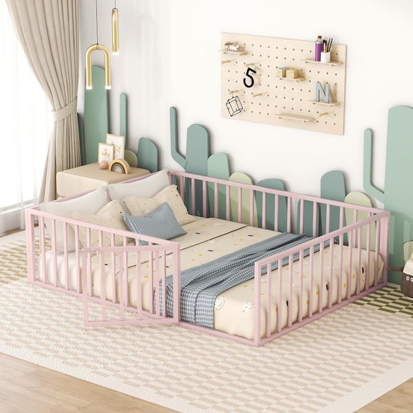 Harper & Bright Designs Pink Metal Frame Queen Size Floor Platform Bed with Full-Length Fence Guardrails and Door