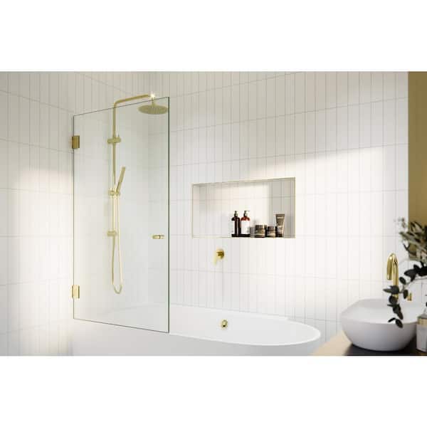 Glass Warehouse 31.5 in. x 58 in. Frameless Wall Hinged Bathtub Door in Polished Brass