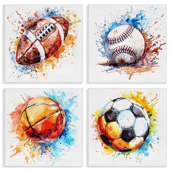 Modern Splash Sports Balls by LSR Design Studio 4 Pieces Unframed Sports Graphic Art Print 17 in. x 17 in.