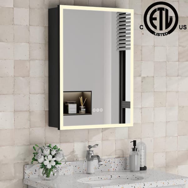 Flora 16 in. W x 24 in. H Rectangular Aluminum Recessed Medicine Cabinet with Mirror and Light, Dimmable, Left Hinge