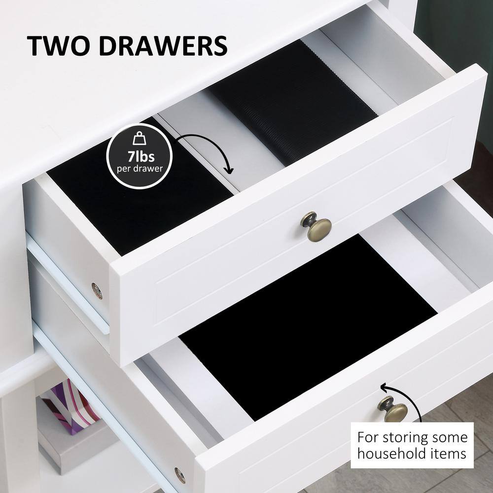 Modern White Wood Side Table with Storage Drawers and Shelf