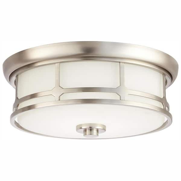 Portland Court 14 in. 1-Light Brushed Nickel LED Flush Mount Ceiling Light with Etched White Glass