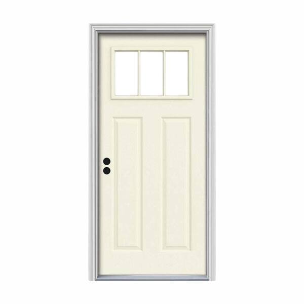 JELD-WEN 30 in. x 80 in. 3 Lite Craftsman Vanilla Painted Steel Prehung Right-Hand Inswing Front Door w/Brickmould