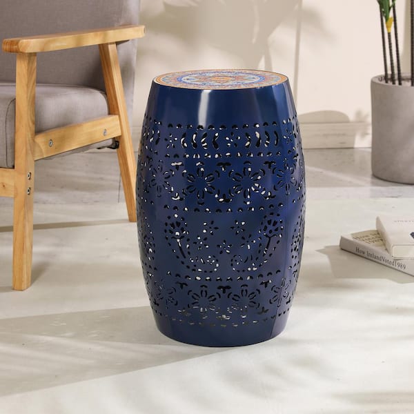 曼陀羅 Dark Blue Metal Ceramic Outdoor Side Table, Patio Mosaic 10