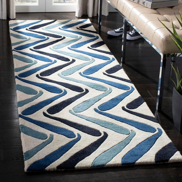 Soho 3 ft. x 8 ft. Ivory/Blue Striped Zig-Zag Runner Rug