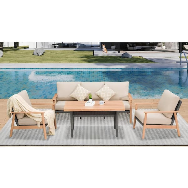 Unbranded 4-Piece Wicker Patio Conversation Set with Beige Cushions