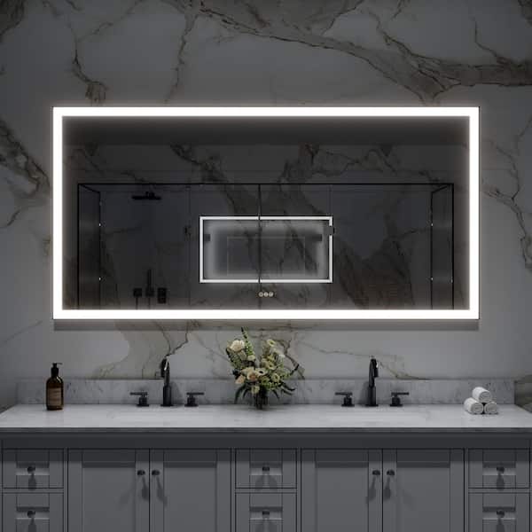 72 in. W x 36 in. H Large Rectangular Framed Anti-Fog Wall Mounted LED Bathroom Vanity Mirror in Matte Black with Light
