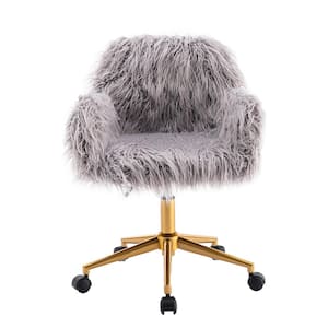 Gray Faux Fur Home Office Chair without Arm with Gold Plating Base, Fluffy Chair for Girls