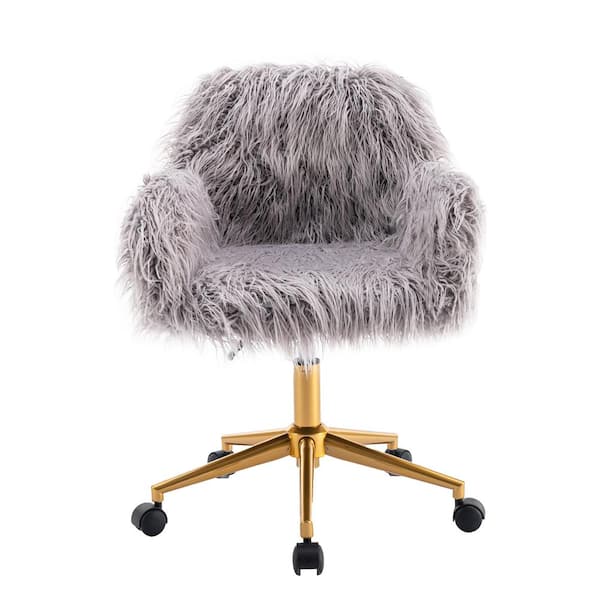 YOFE Gray Faux Fur Home Office Chair without Arm with Gold Plating Base, Fluffy Chair for Girls