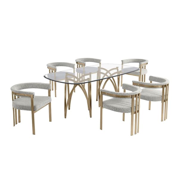 Amelia 7-Piece Clear Tempered Glass Top Gold Chrome Plated Base Dining Set With 6-Rich Grey Boucle Fabric Chairs