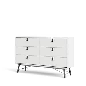 Ry 6-Drawer White Matte / Black Double Dresser 37.32 in. H x 59.17 in. W x 15.79 in. D
