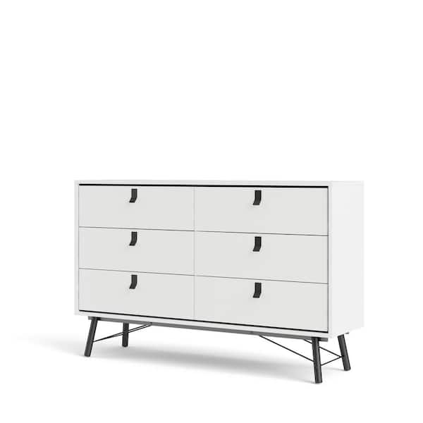 Tvilum Ry 6-Drawer White Matte / Black Double Dresser 37.32 in. H x 59.17 in. W x 15.79 in. D